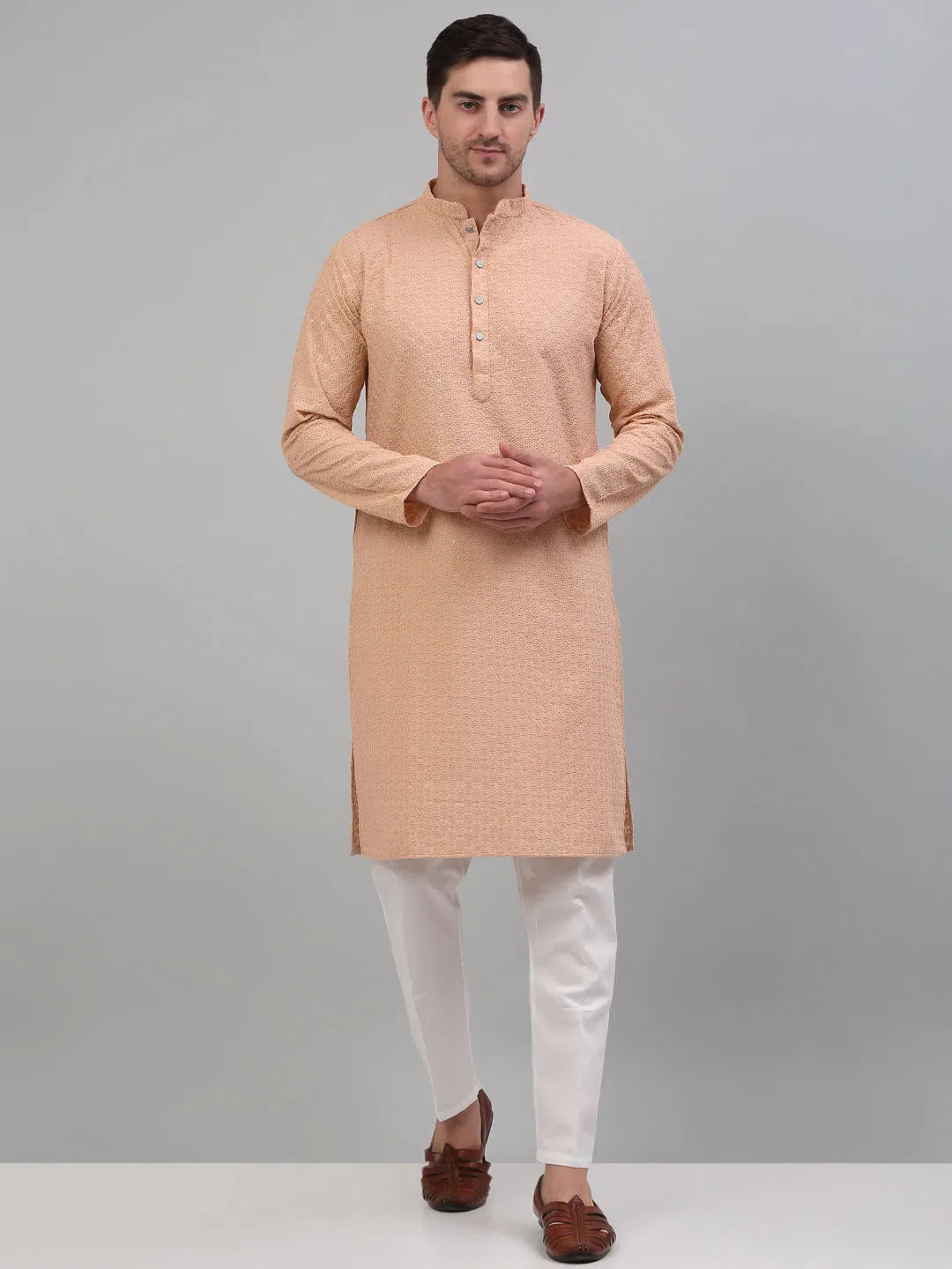 Peach Chikankari Mens Kurta Pajama Set | Embroidered Cotton - Style 1