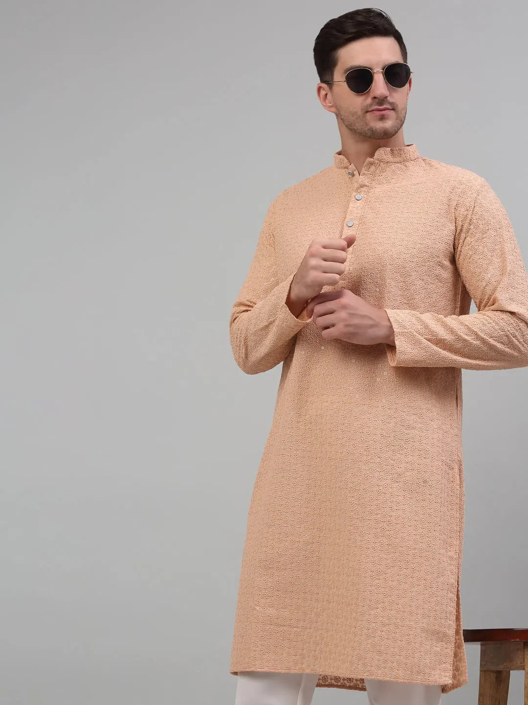 Peach Chikankari Mens Kurta Pajama Set | Embroidered Cotton - Style 1