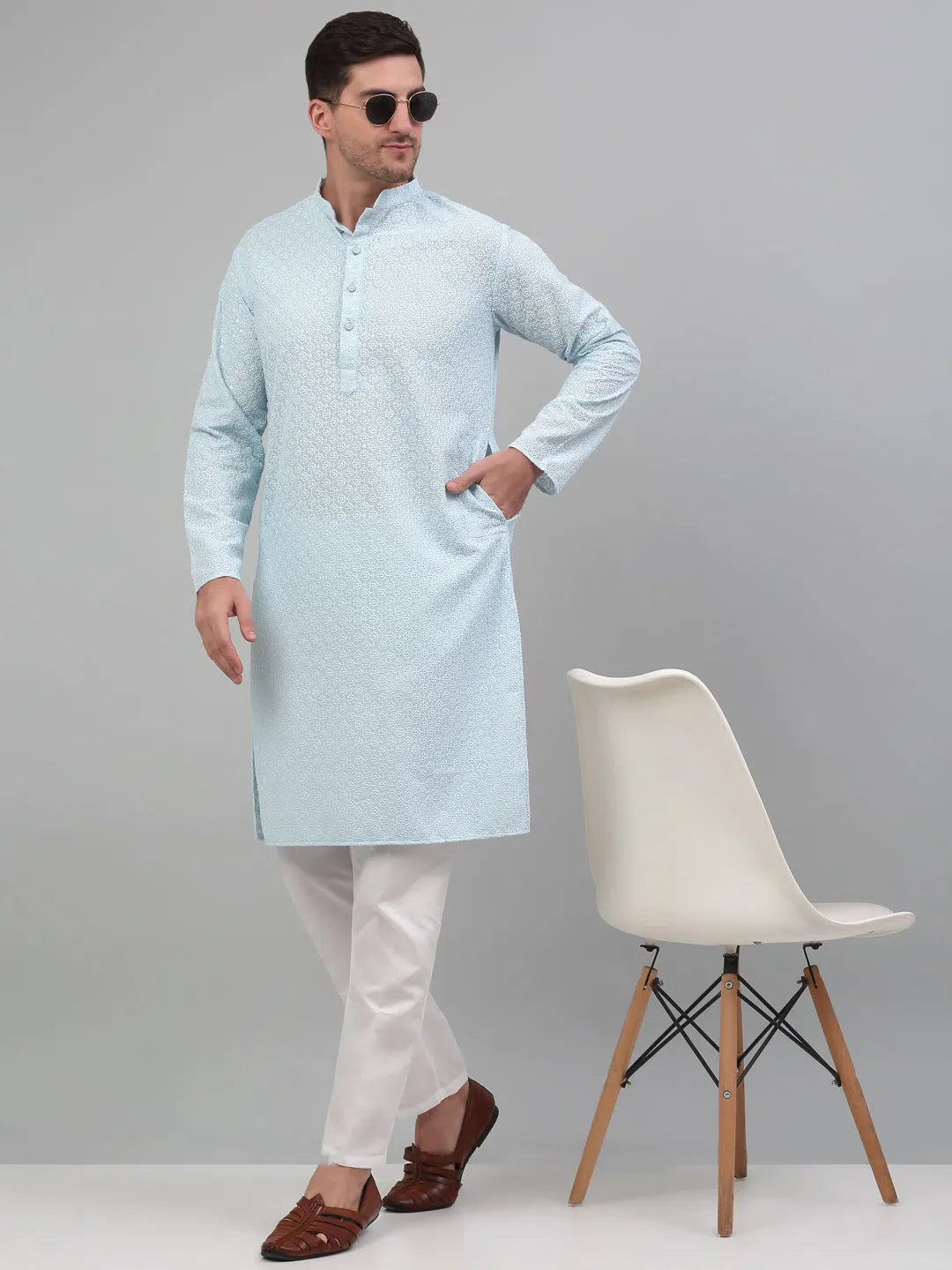 Sky Blue Mens Kurta Pajama Set | Chikankari Embroidered Kurta