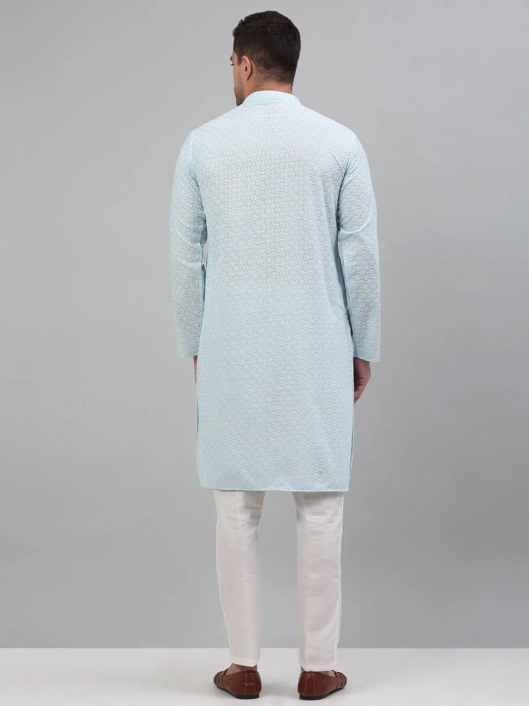 Sky Blue Mens Kurta Pajama Set | Chikankari Embroidered Kurta