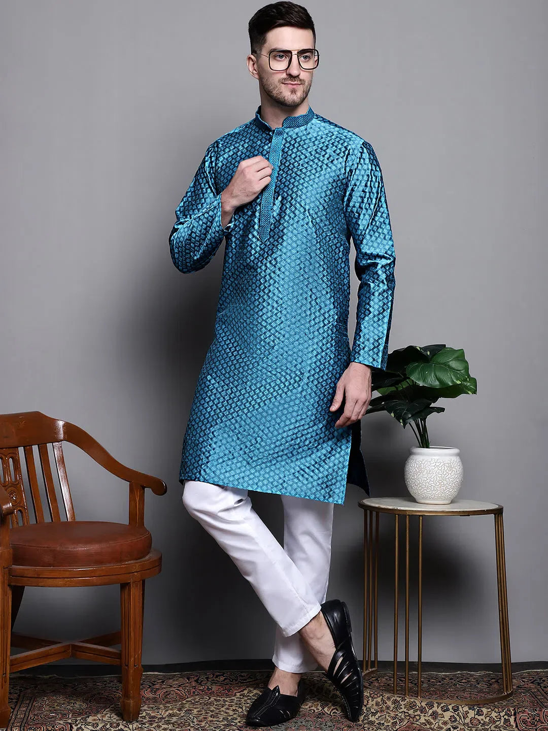 Peacock Blue Woven Design Kurta Pajama Set for Men | Cotton