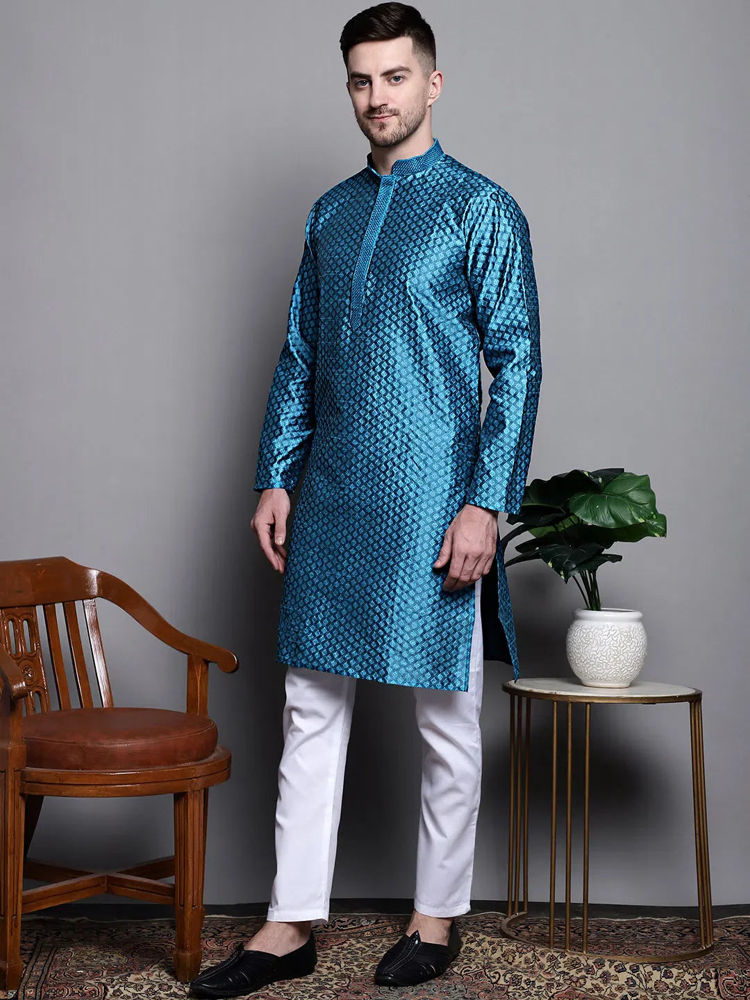 Peacock Blue Woven Design Kurta Pajama Set for Men | Cotton