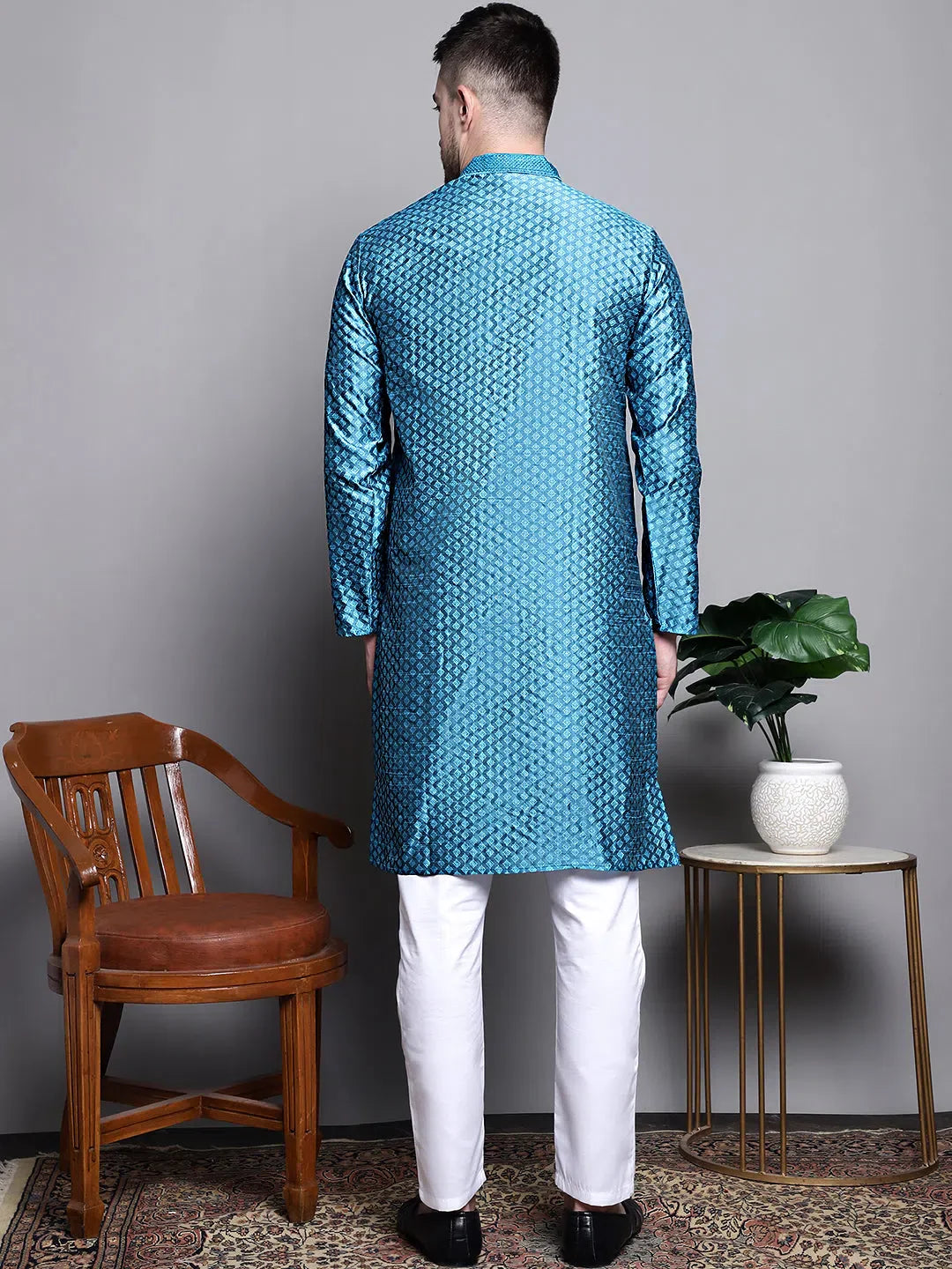 Peacock Blue Woven Design Kurta Pajama Set for Men | Cotton