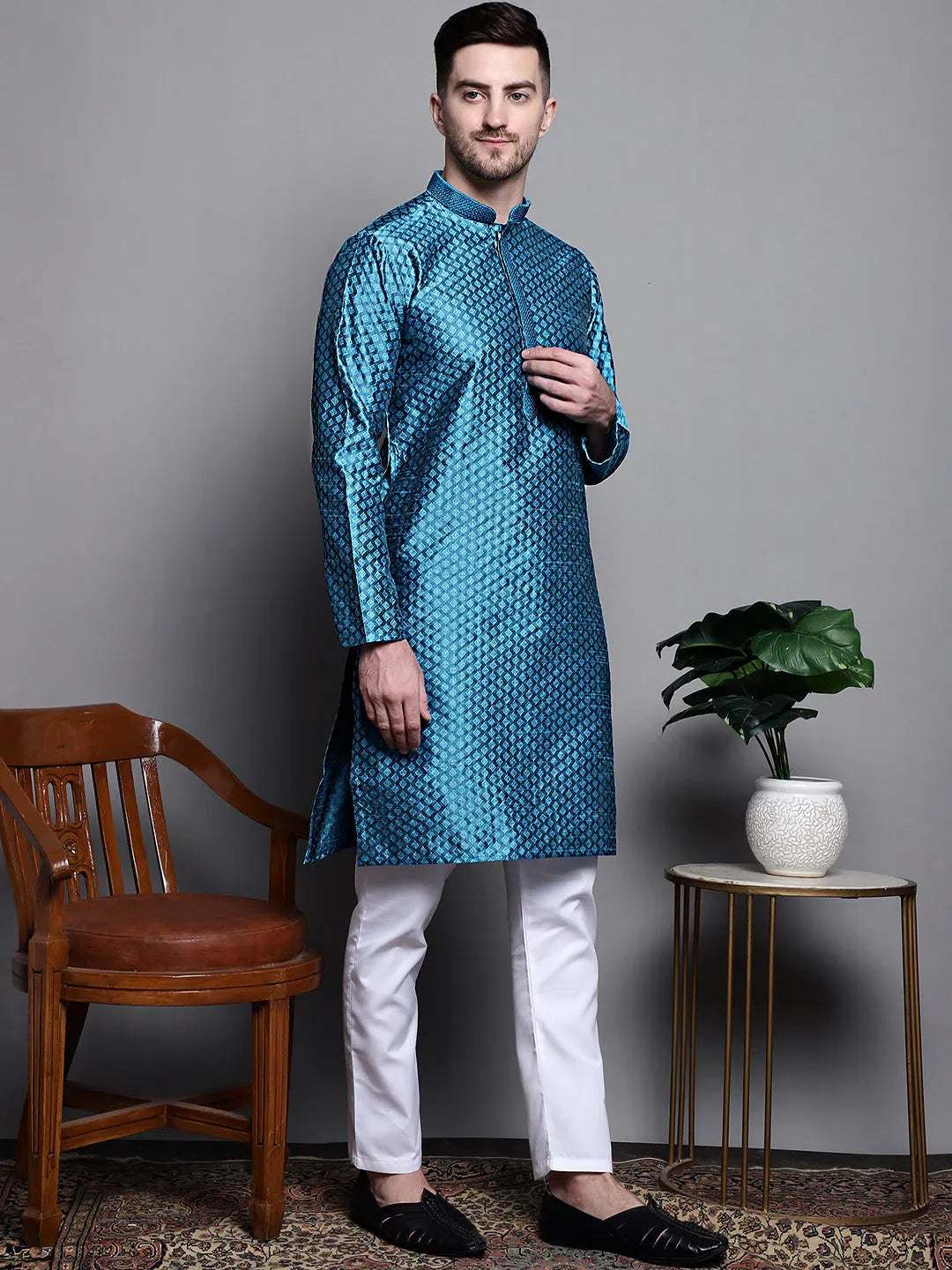 Peacock Blue Woven Design Kurta Pajama Set for Men | Cotton