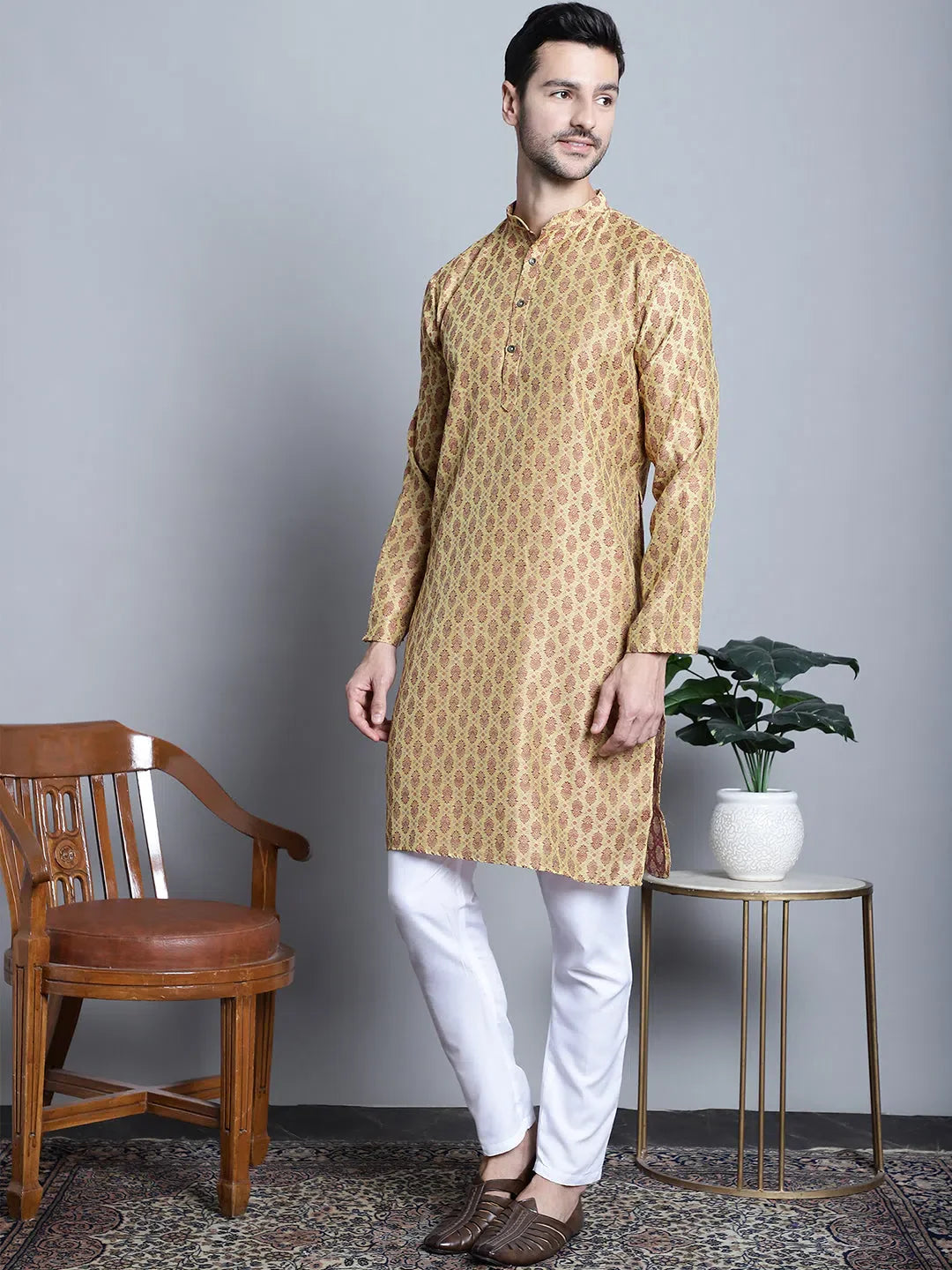 Yellow Woven Design Mens Kurta Pajama Set | Ethnic Wear