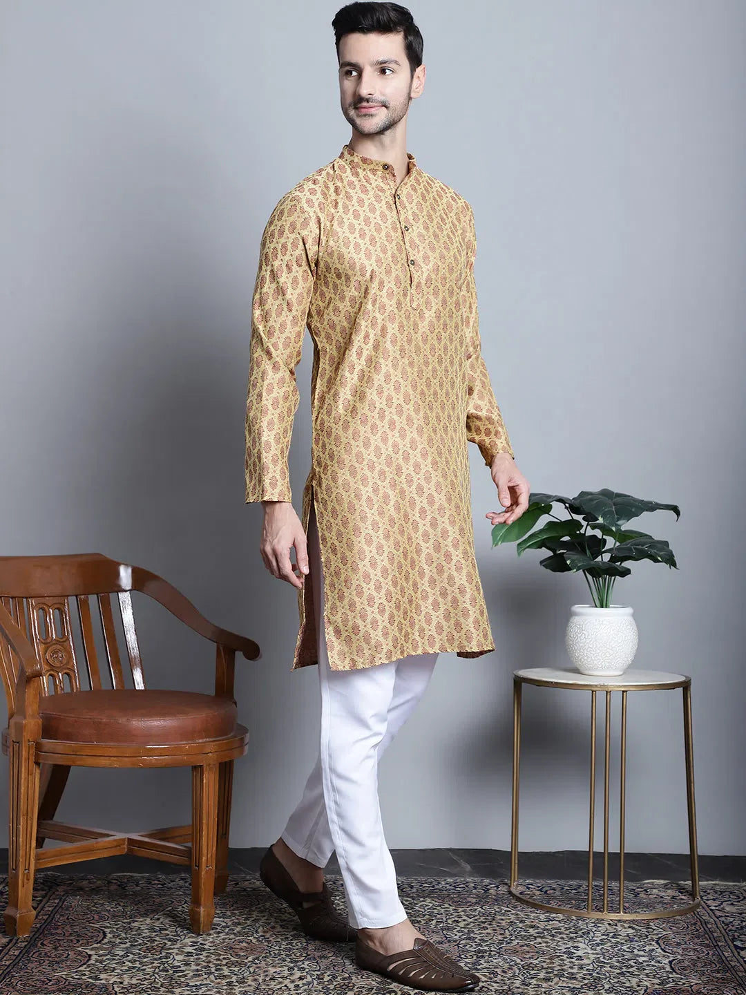 Yellow Woven Design Mens Kurta Pajama Set | Ethnic Wear