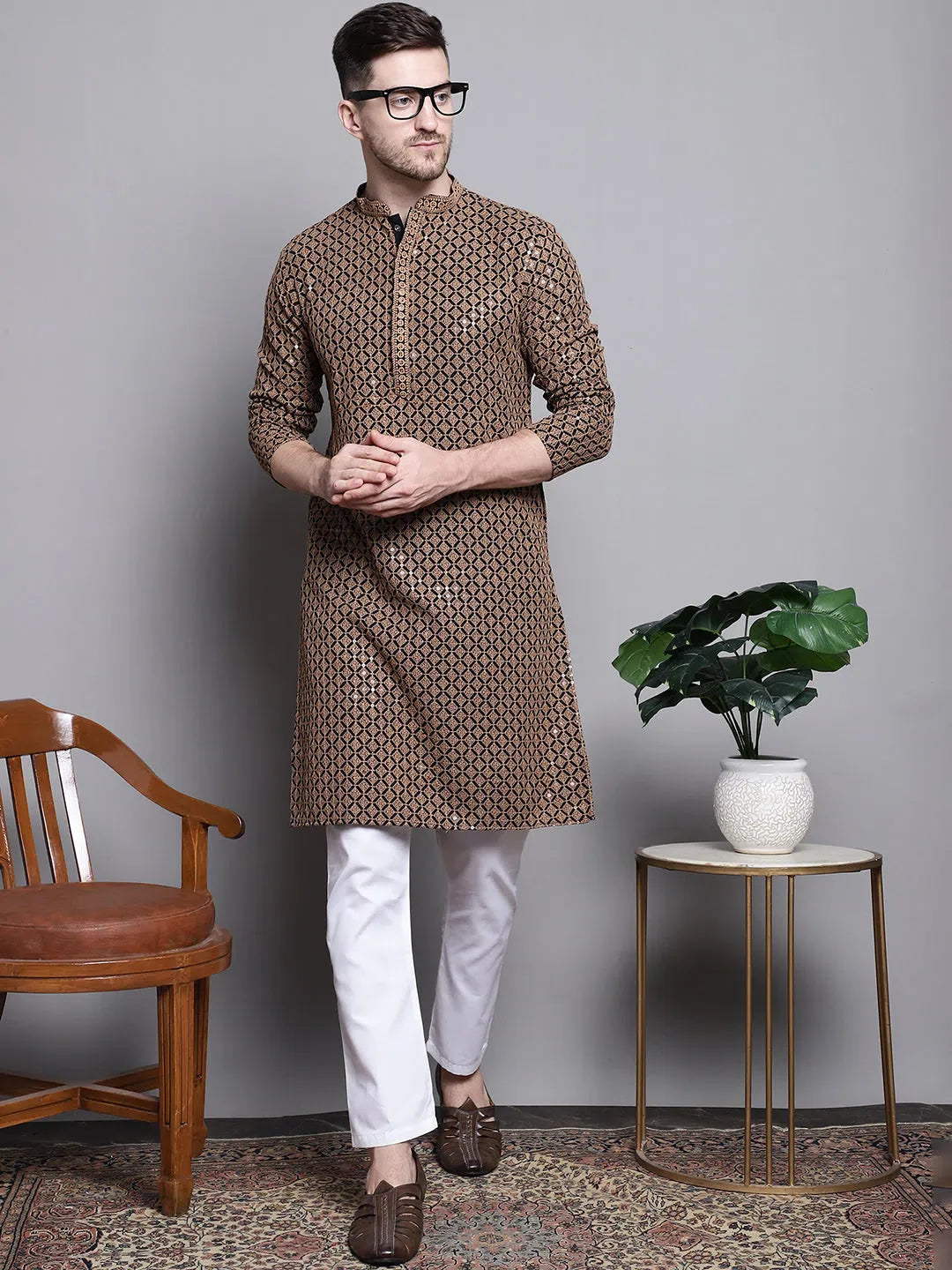 Brown Sequin Embroidered Kurta Pajama Set for Men | Cotton