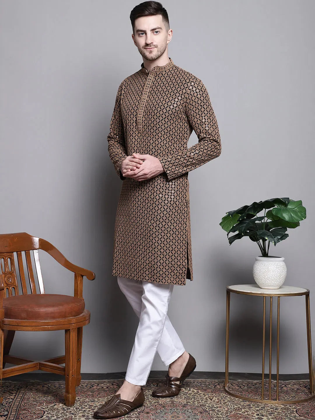 Brown Sequin Embroidered Kurta Pajama Set for Men | Cotton