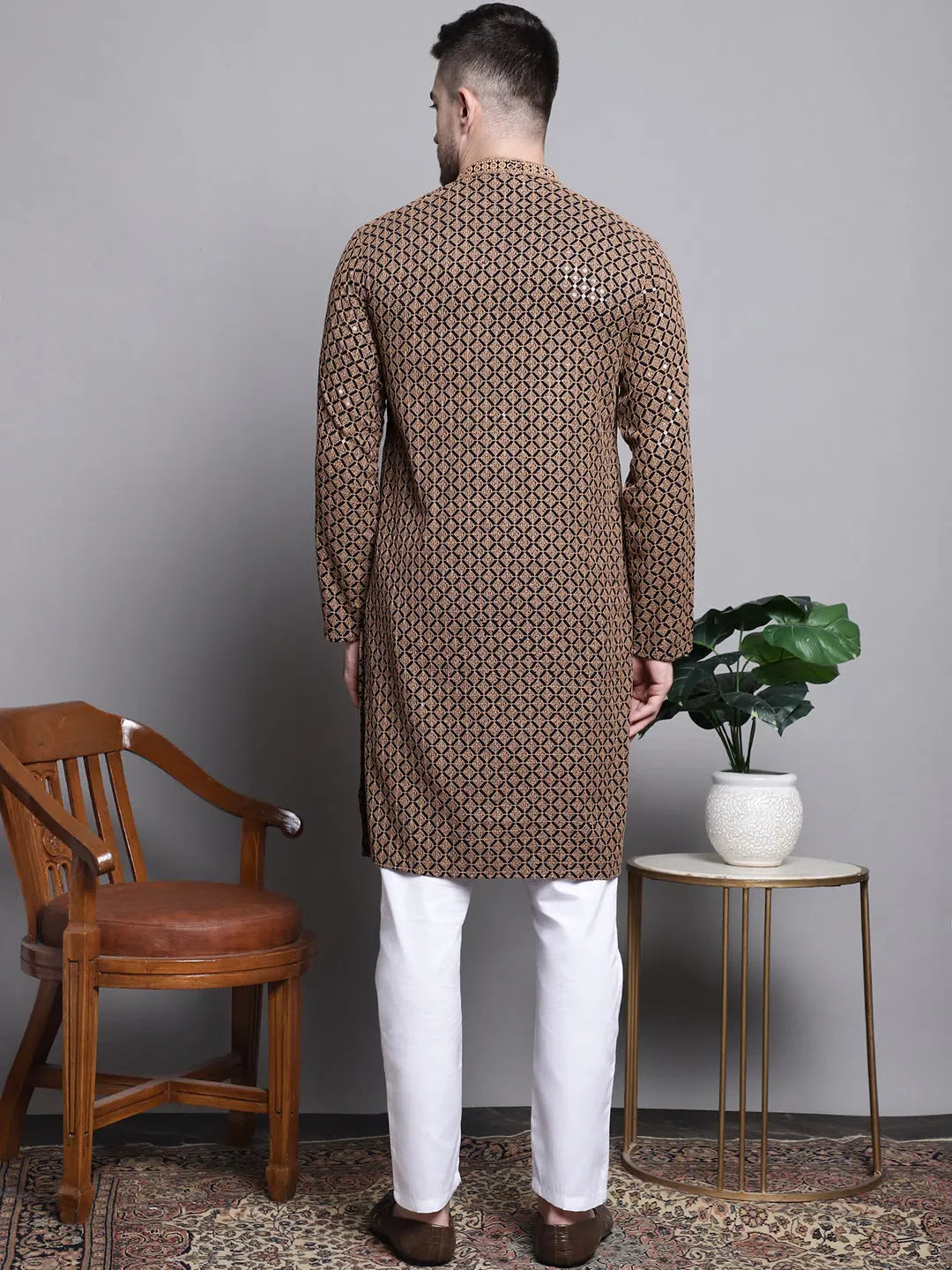 Brown Sequin Embroidered Kurta Pajama Set for Men | Cotton