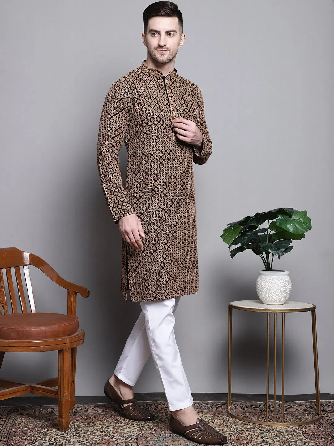 Brown Sequin Embroidered Kurta Pajama Set for Men | Cotton