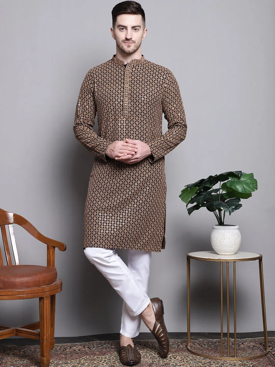 Brown Sequin Embroidered Kurta Pajama Set for Men | Cotton