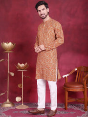 Men's Digital Printed Kurta with Pyjama.-JOKP-5014Mustard