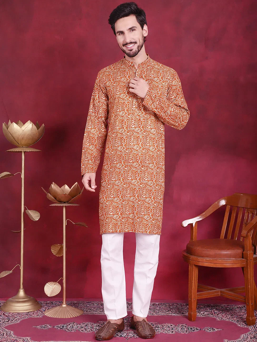 Mustard Digital Printed Mens Kurta Pajama Set | Ethnic Wear
