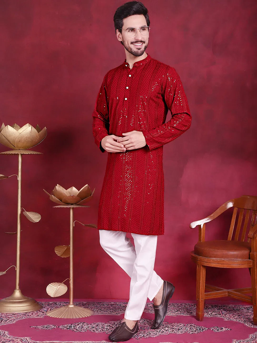 Red Sequin Chikankari Mens Kurta Pajama Set | Kurta Pajama