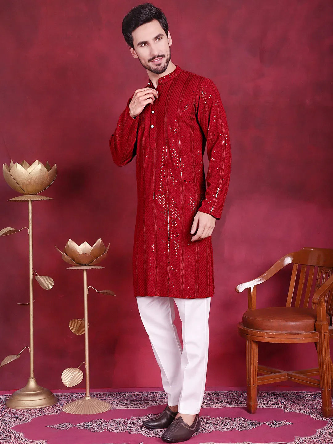 Red Sequin Chikankari Mens Kurta Pajama Set | Kurta Pajama