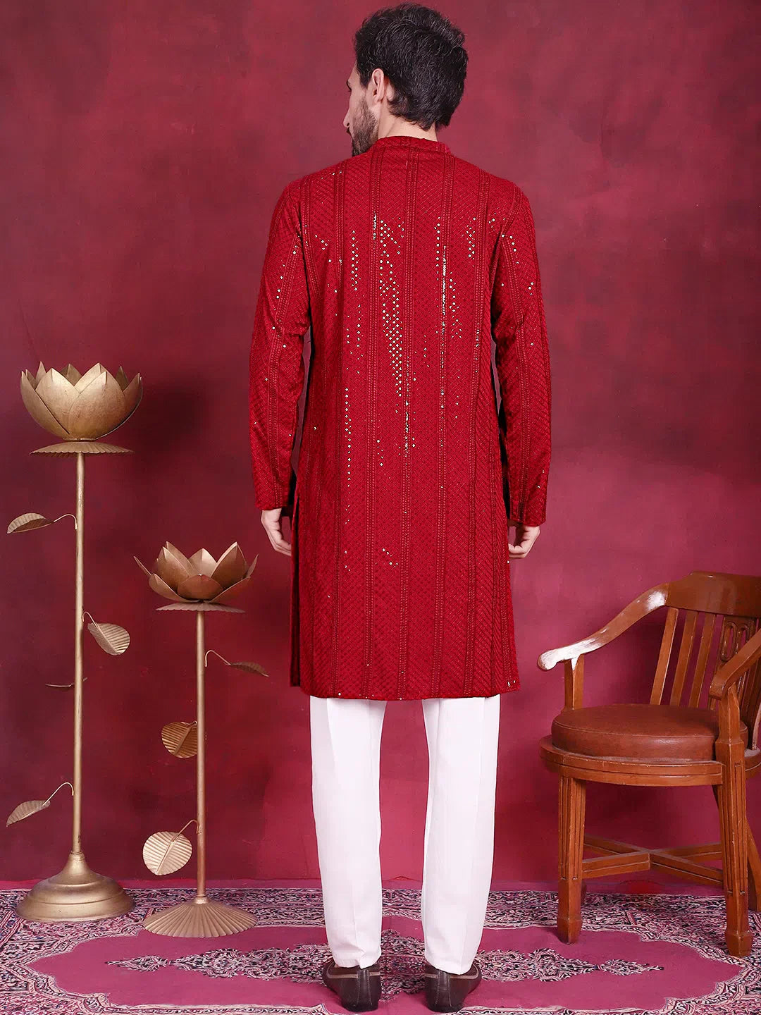 Red Sequin Chikankari Mens Kurta Pajama Set | Kurta Pajama