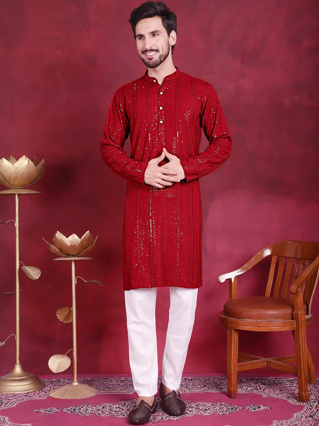 Red Sequin Chikankari Mens Kurta Pajama Set | Kurta Pajama