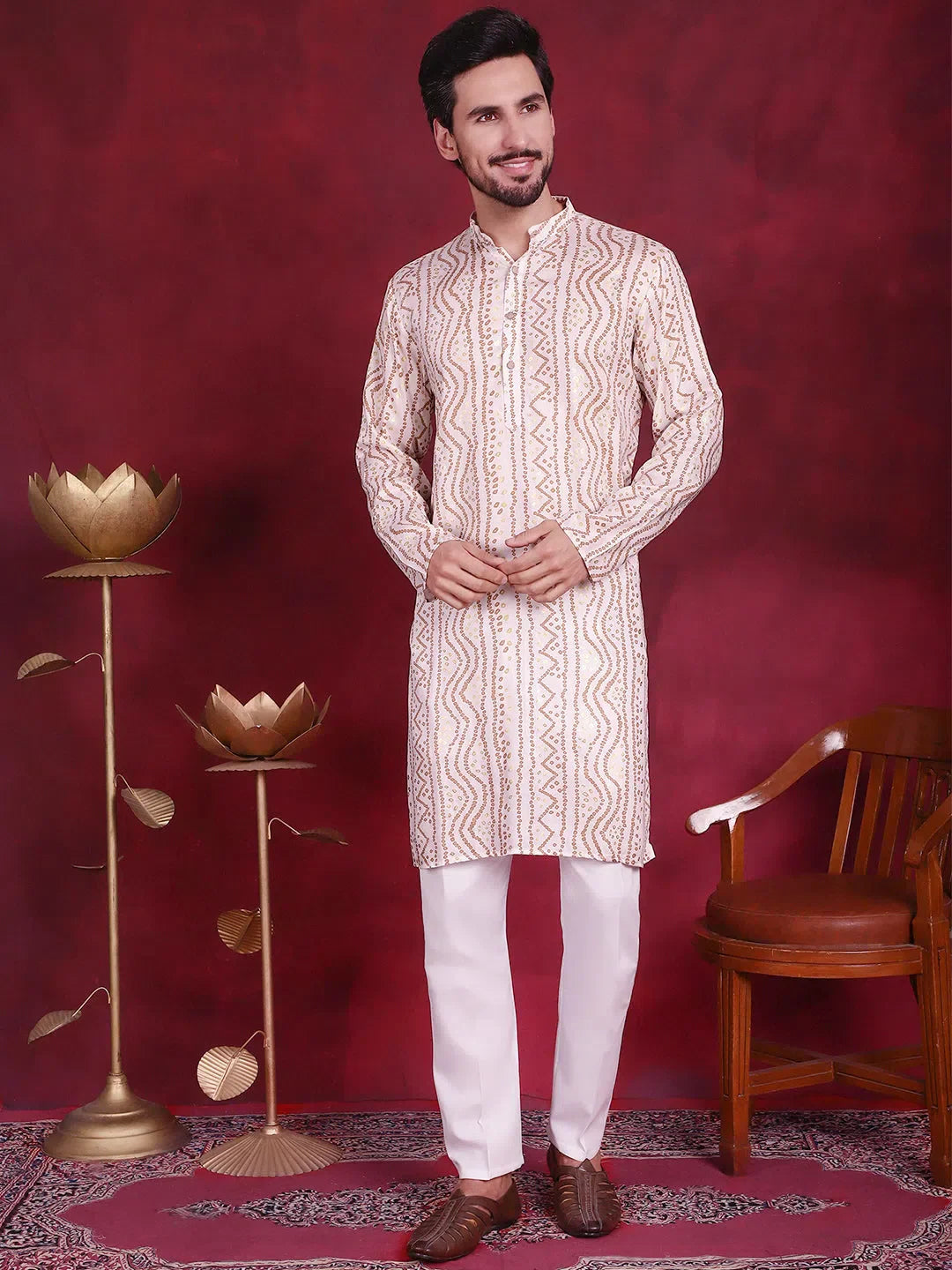 Red Bandhani Printed Mens Kurta Pajama Set | Festive Outfit