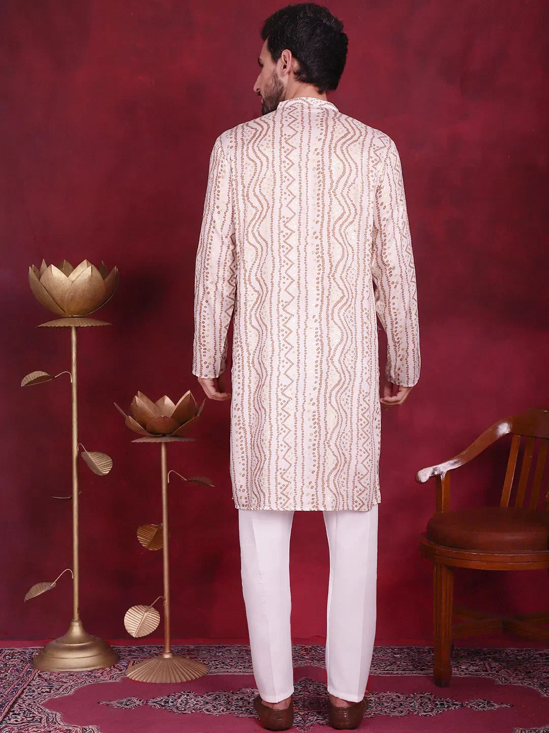 Red Bandhani Printed Mens Kurta Pajama Set | Festive Outfit