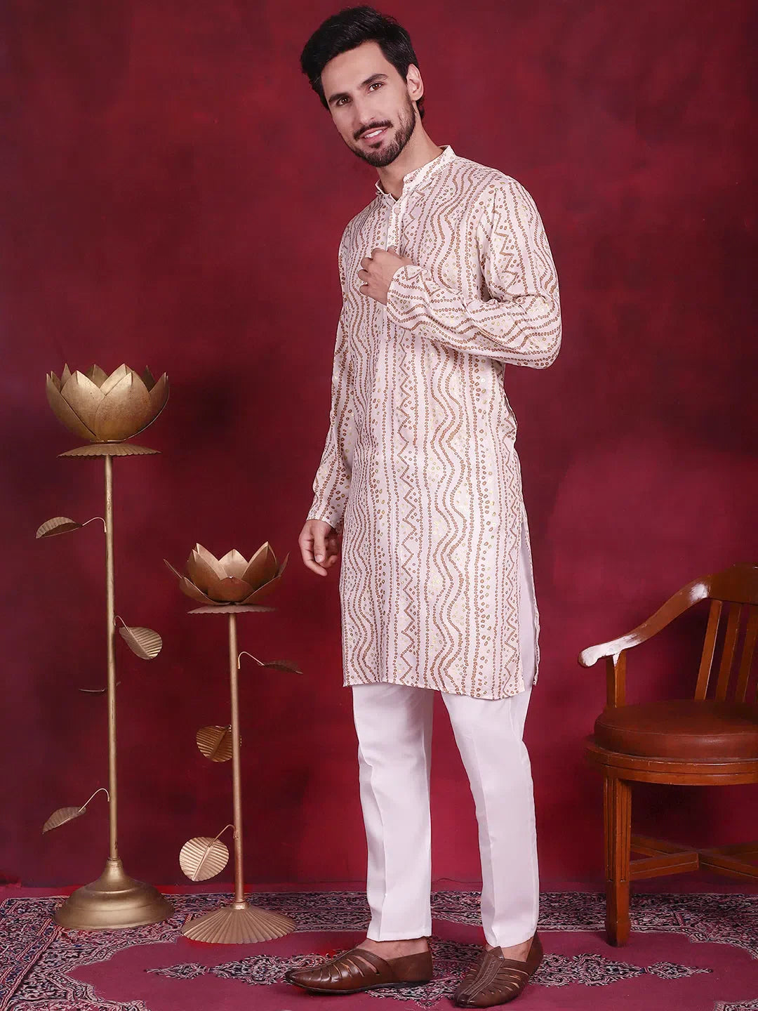 Red Bandhani Printed Mens Kurta Pajama Set | Festive Outfit