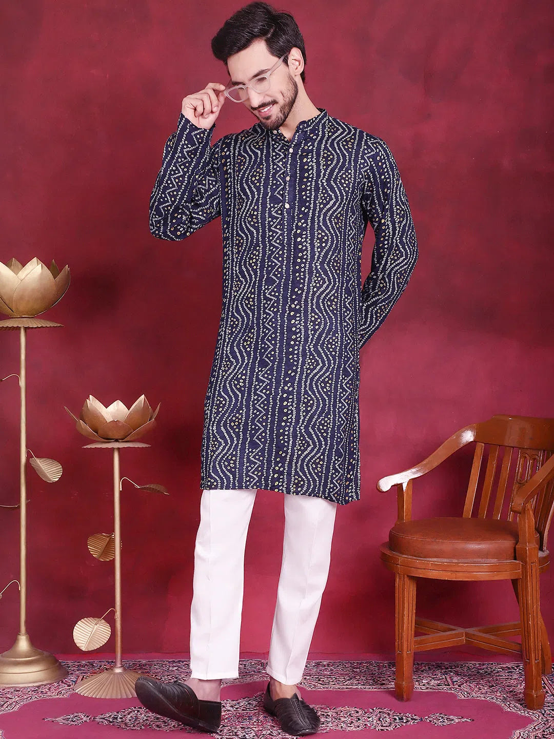 Navy Bandhani Printed Kurta Pajama Set - Mens Kurta Pajama