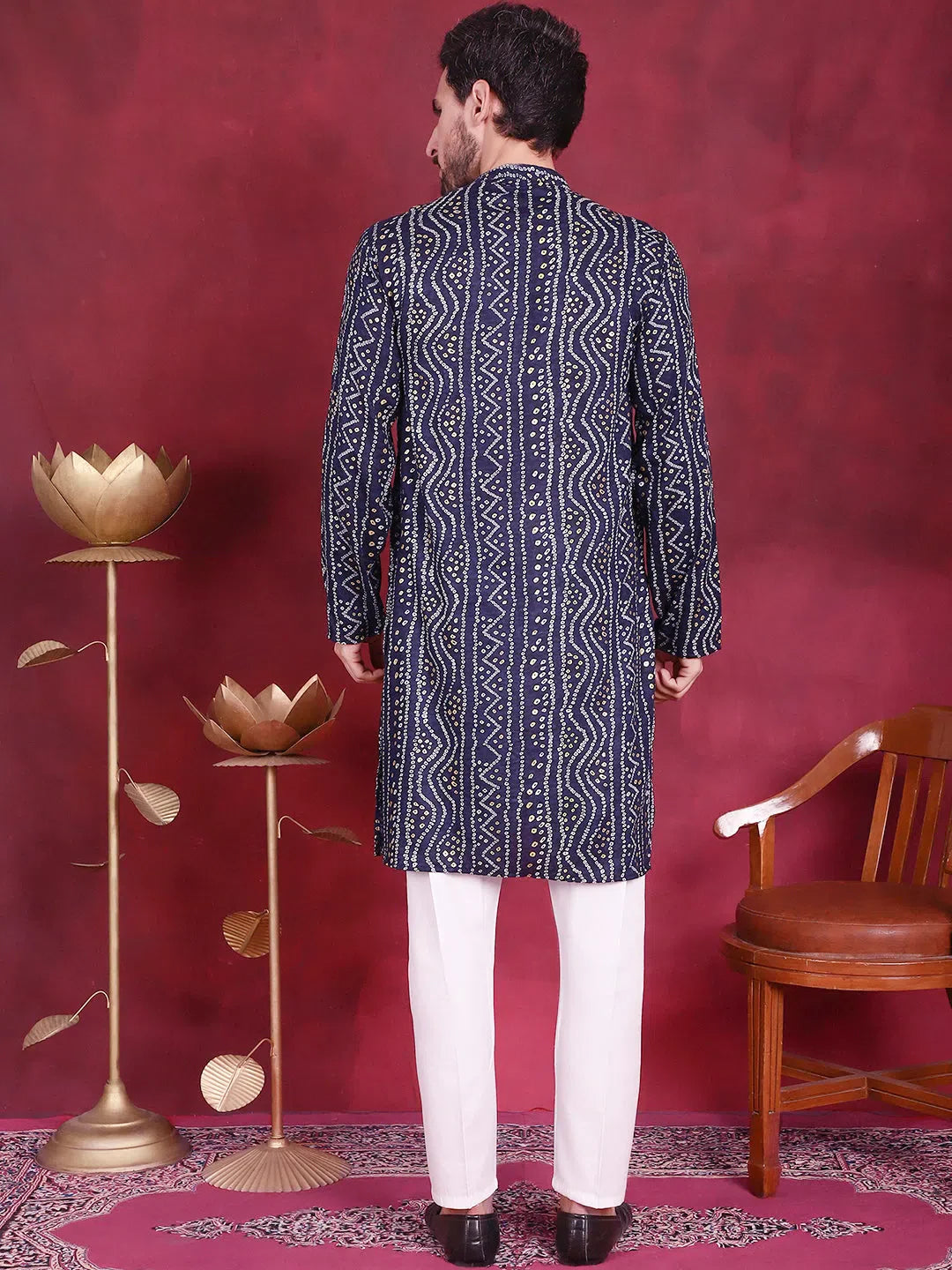 Navy Bandhani Printed Kurta Pajama Set - Mens Kurta Pajama