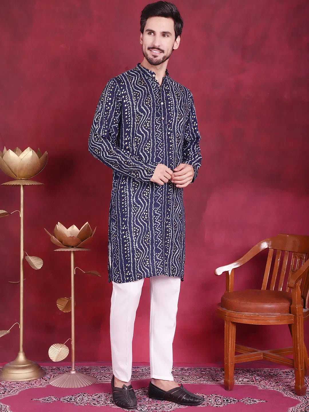 Navy Bandhani Printed Kurta Pajama Set - Mens Kurta Pajama