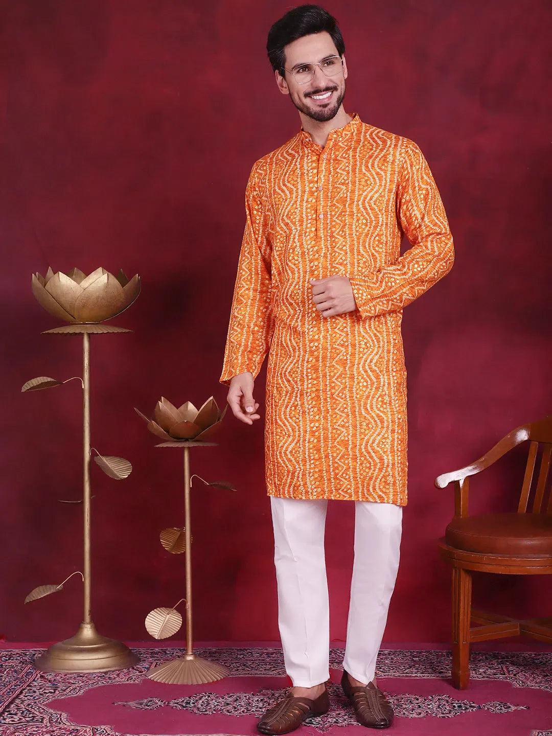 Orange Bandhani Printed Mens Kurta Pajama | Kurta Pajama Set