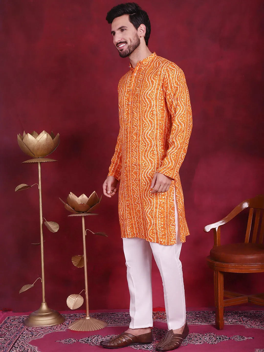 Orange Bandhani Printed Mens Kurta Pajama | Kurta Pajama Set