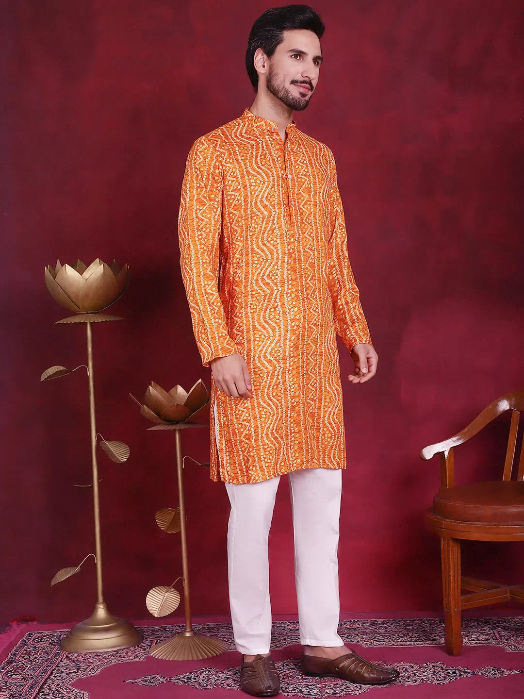 Orange Bandhani Printed Mens Kurta Pajama | Kurta Pajama Set