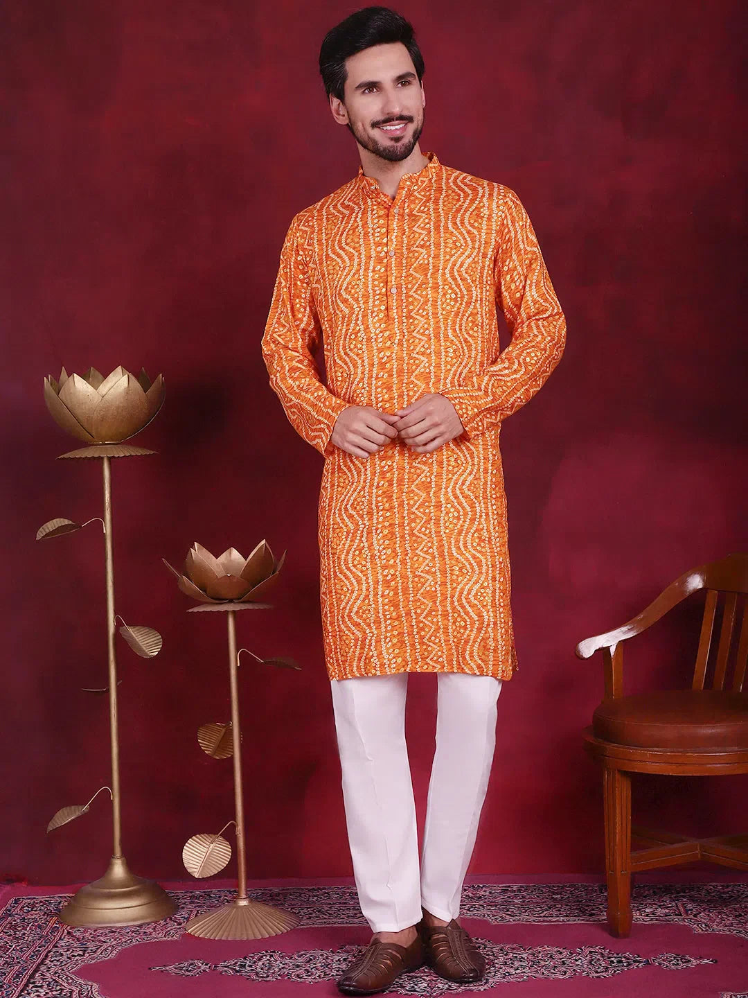 Orange Bandhani Printed Mens Kurta Pajama | Kurta Pajama Set