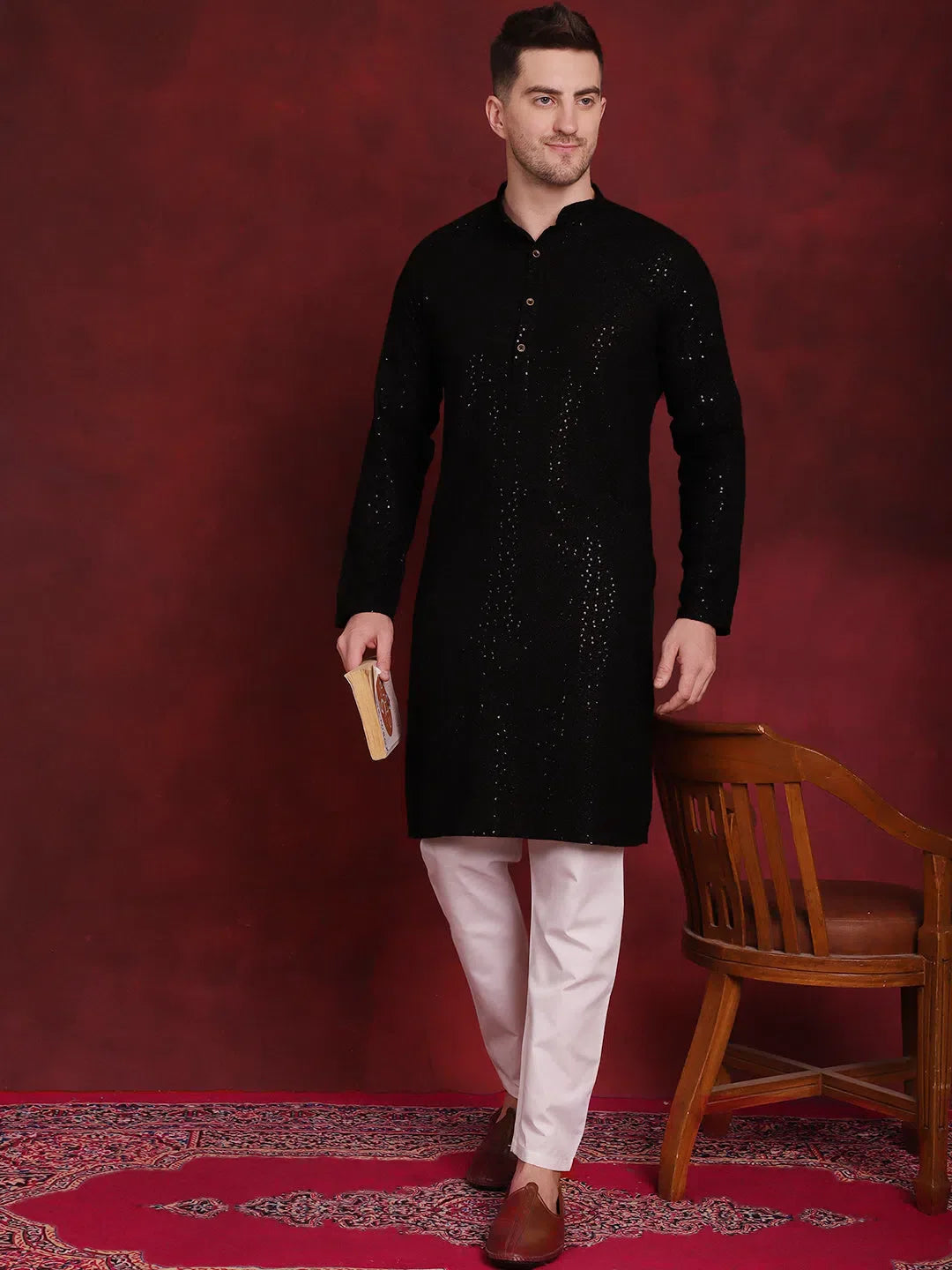Black Mens Kurta Pajama Set - Chikankari Embroidered Kurta