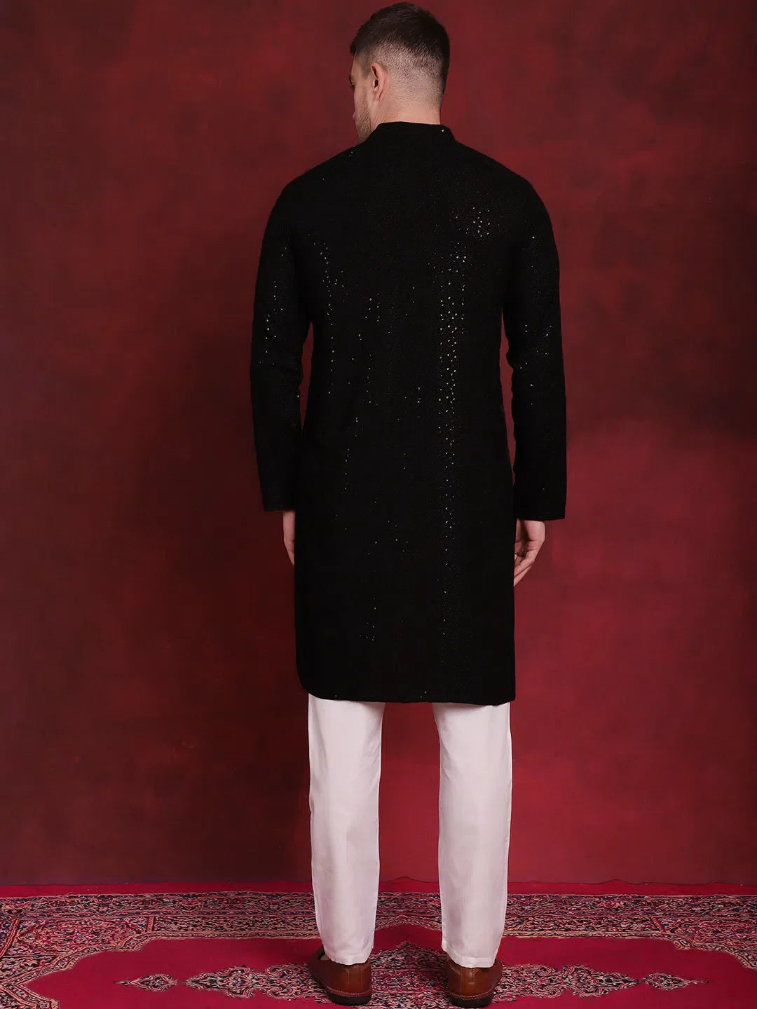 Black Mens Kurta Pajama Set - Chikankari Embroidered Kurta