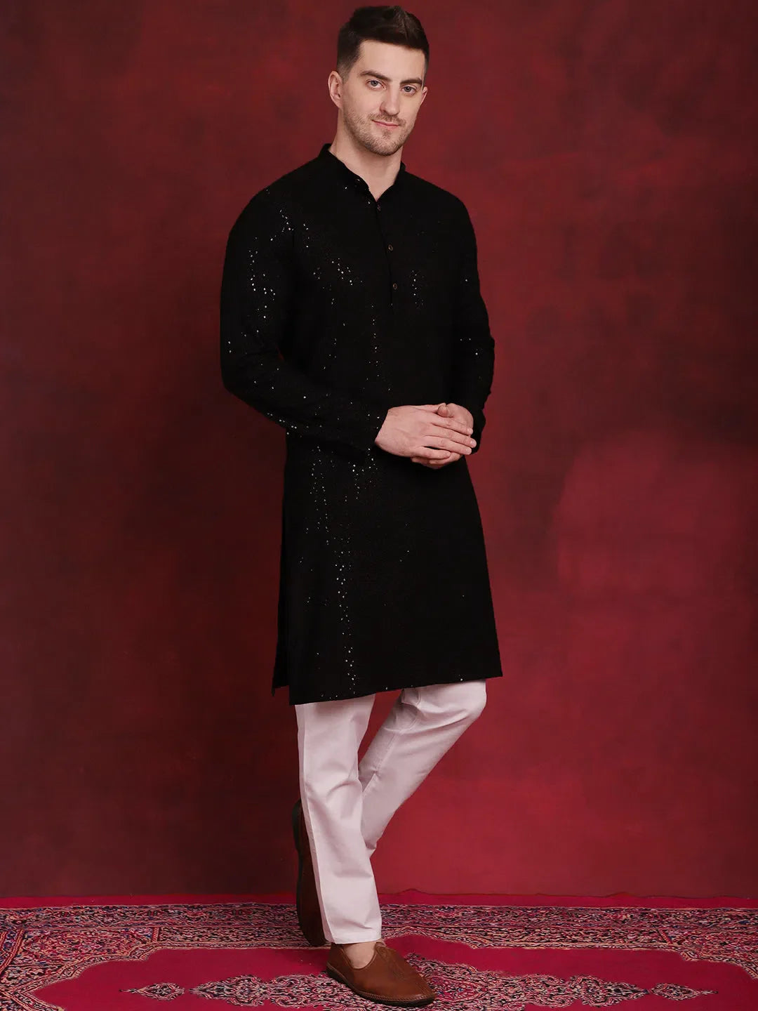 Black Mens Kurta Pajama Set - Chikankari Embroidered Kurta