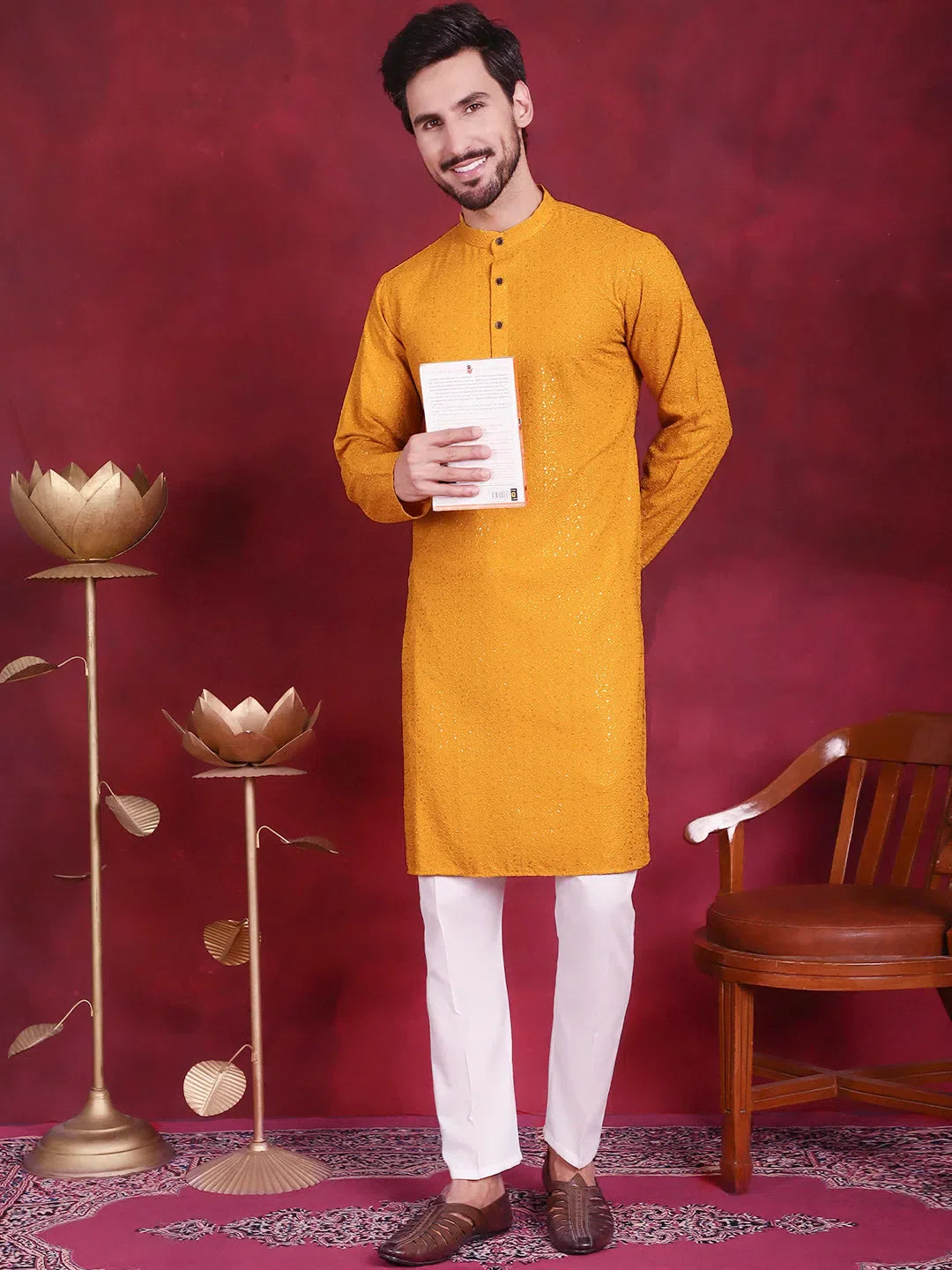 Mustard Chikankari Mens Kurta Pajama Set | Viscose Rayon