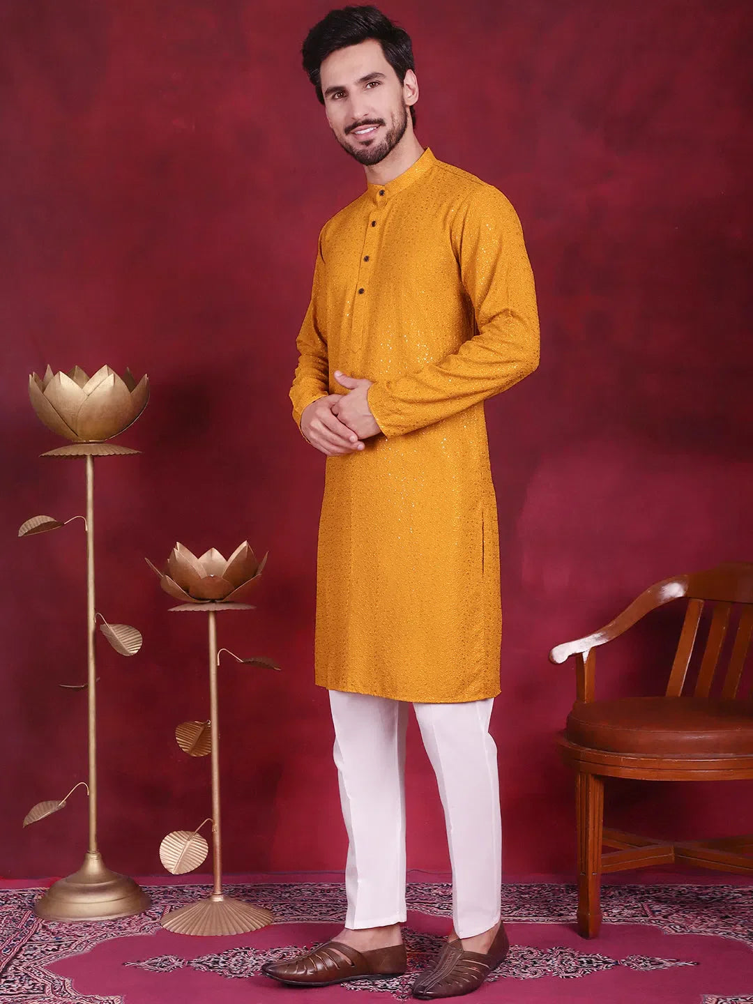 Mustard Chikankari Mens Kurta Pajama Set | Viscose Rayon