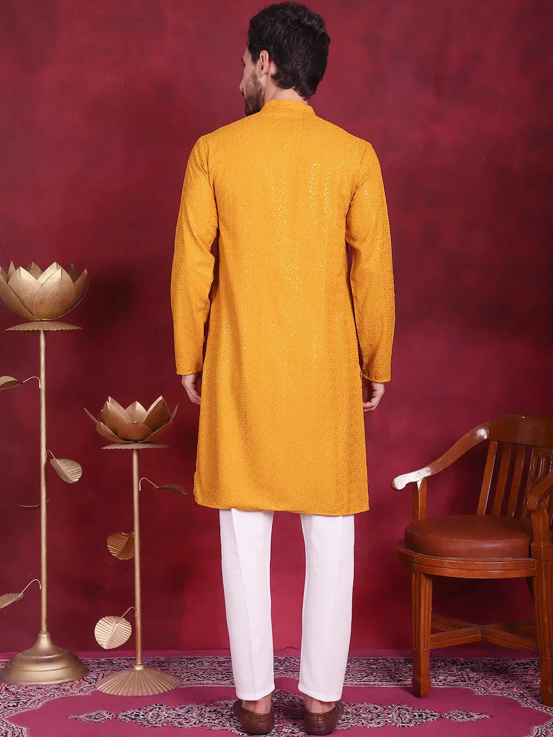Mustard Chikankari Mens Kurta Pajama Set | Viscose Rayon
