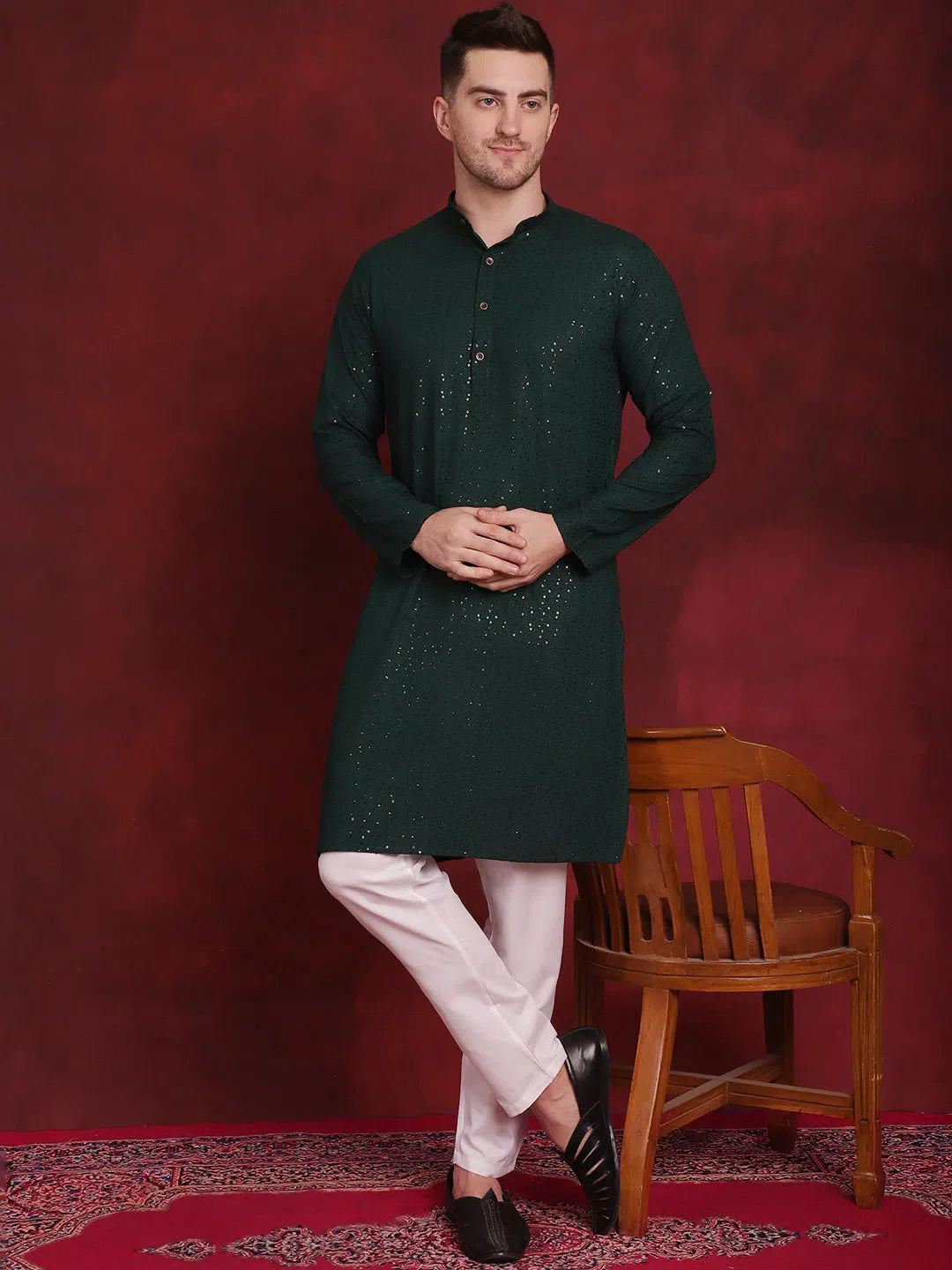 Olive Mens Kurta Pajama Set - Chikankari Embroidered Kurta