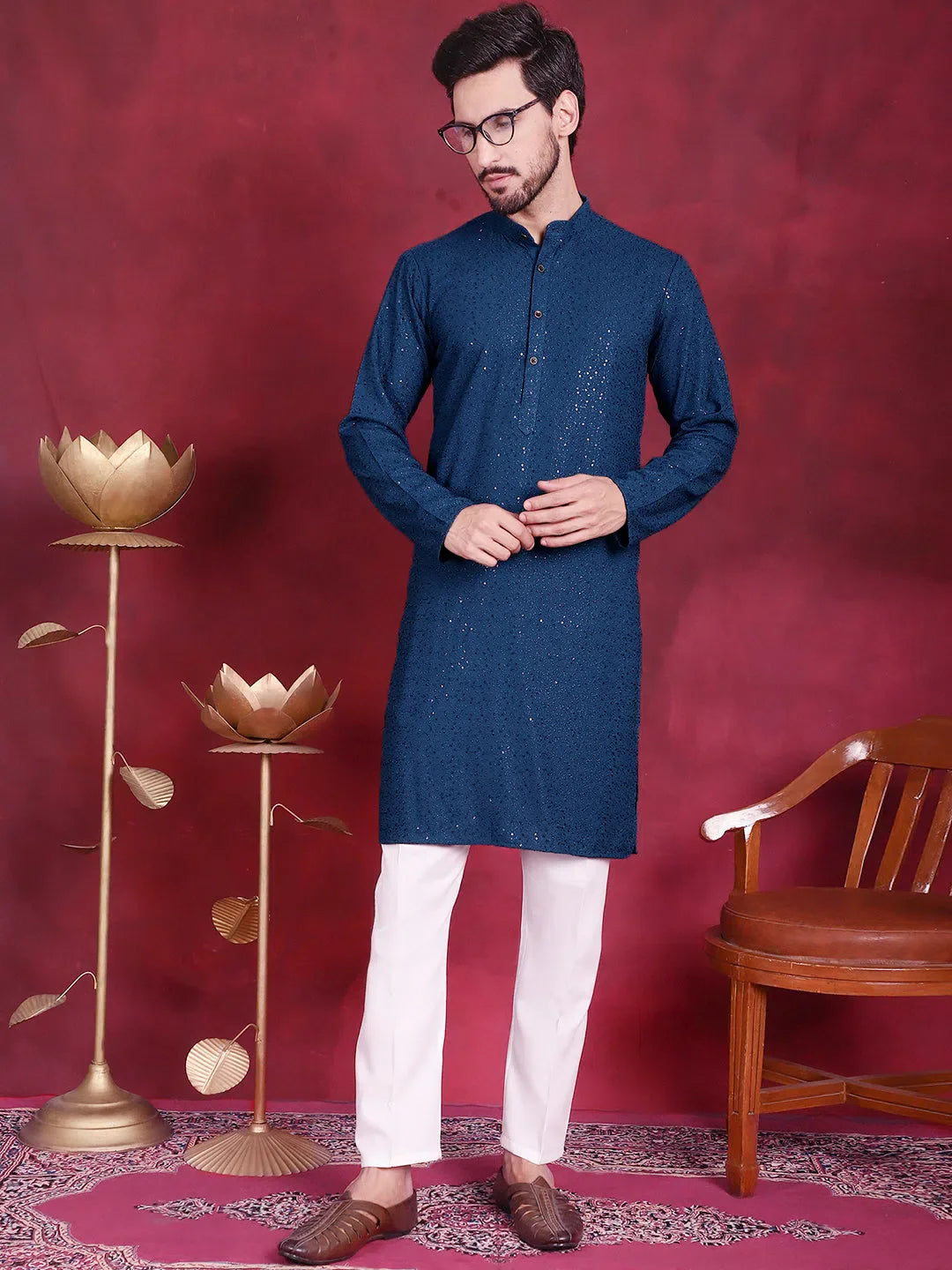 Peacock Chikankari Mens Kurta Pajama Set | Viscose Rayon
