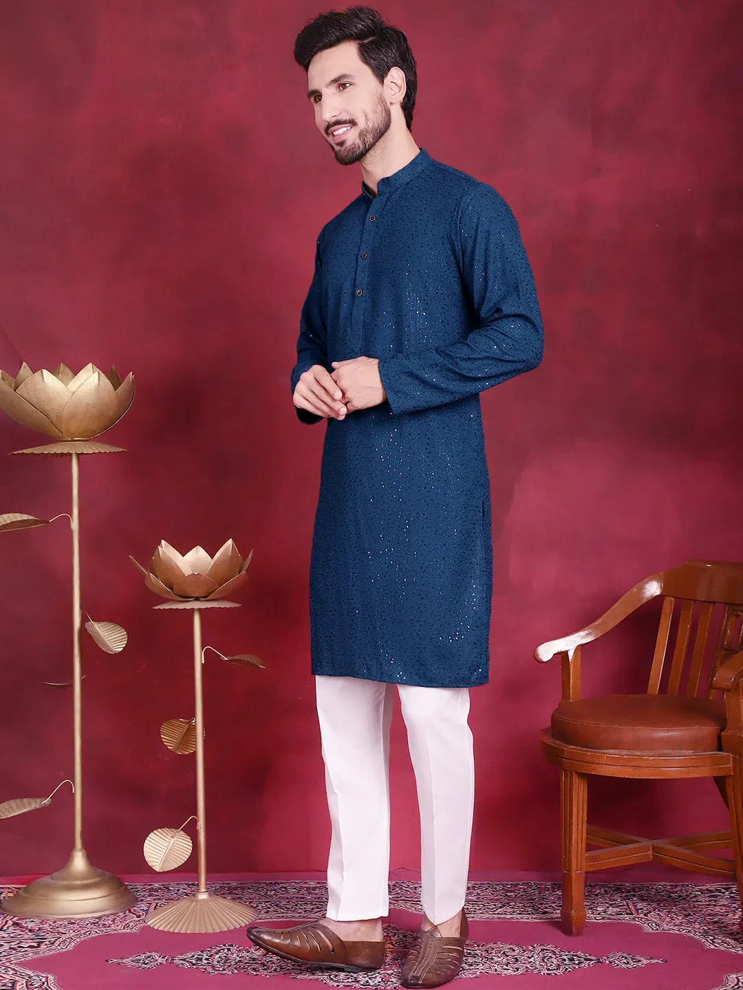 Peacock Chikankari Mens Kurta Pajama Set | Viscose Rayon
