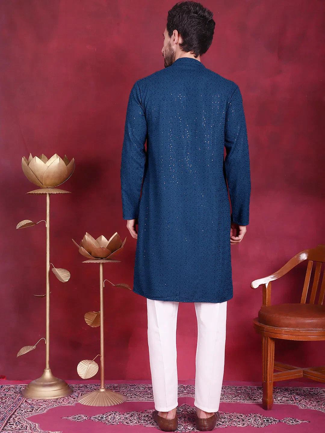 Peacock Chikankari Mens Kurta Pajama Set | Viscose Rayon