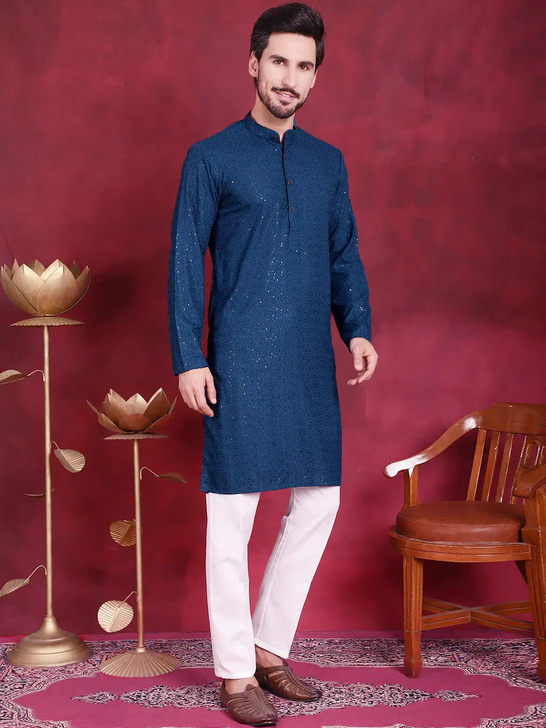 Peacock Chikankari Mens Kurta Pajama Set | Viscose Rayon