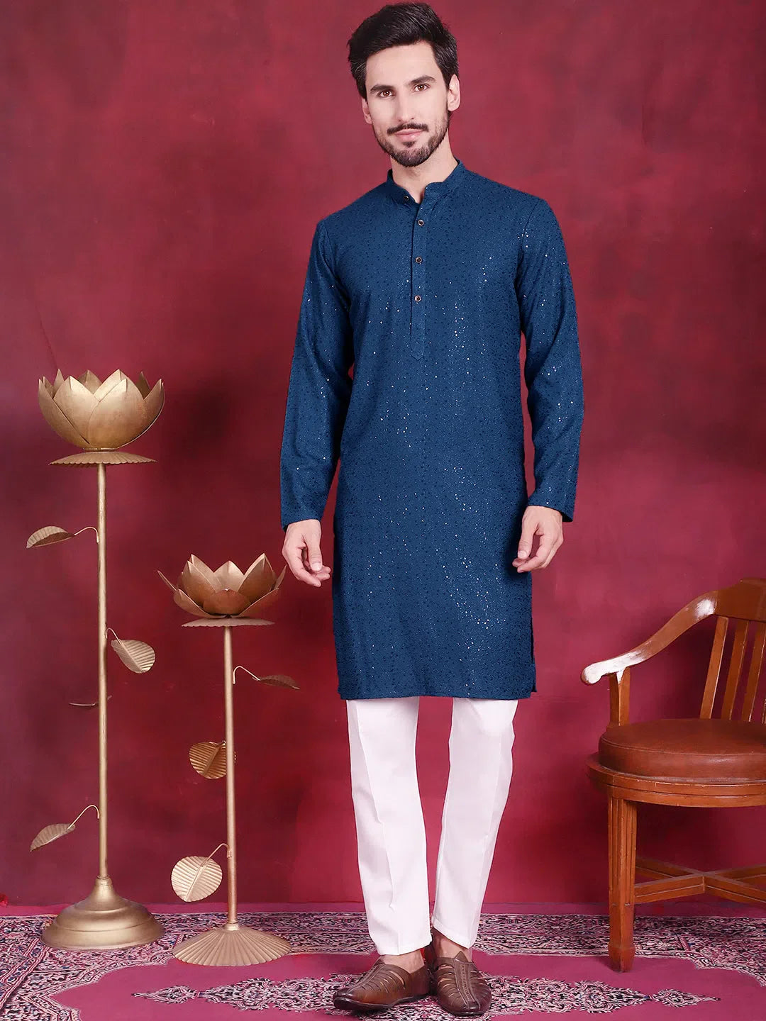 Peacock Chikankari Mens Kurta Pajama Set | Viscose Rayon