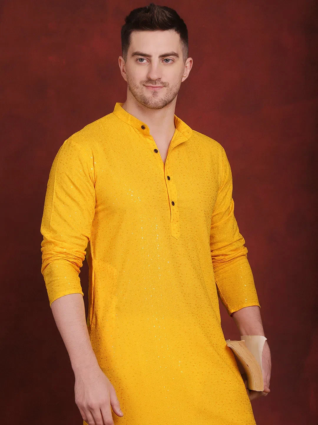 Yellow Chikankari Mens Kurta Pajama Set | Embroidered Kurta - Style 1