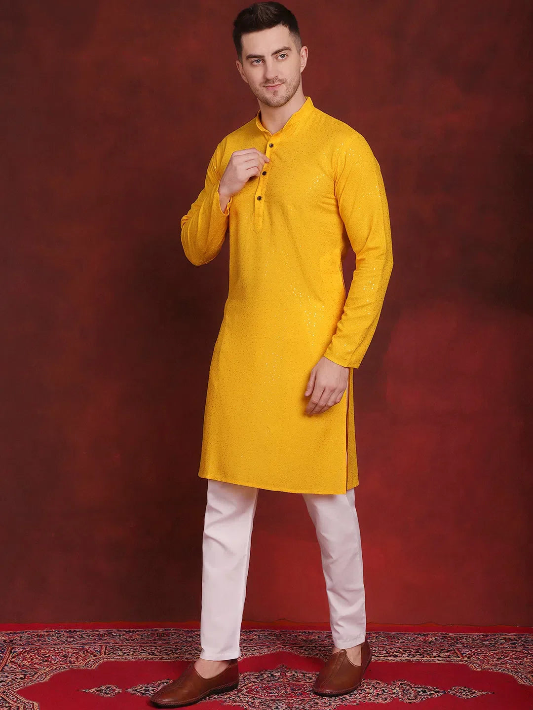 Yellow Chikankari Mens Kurta Pajama Set | Embroidered Kurta - Style 1