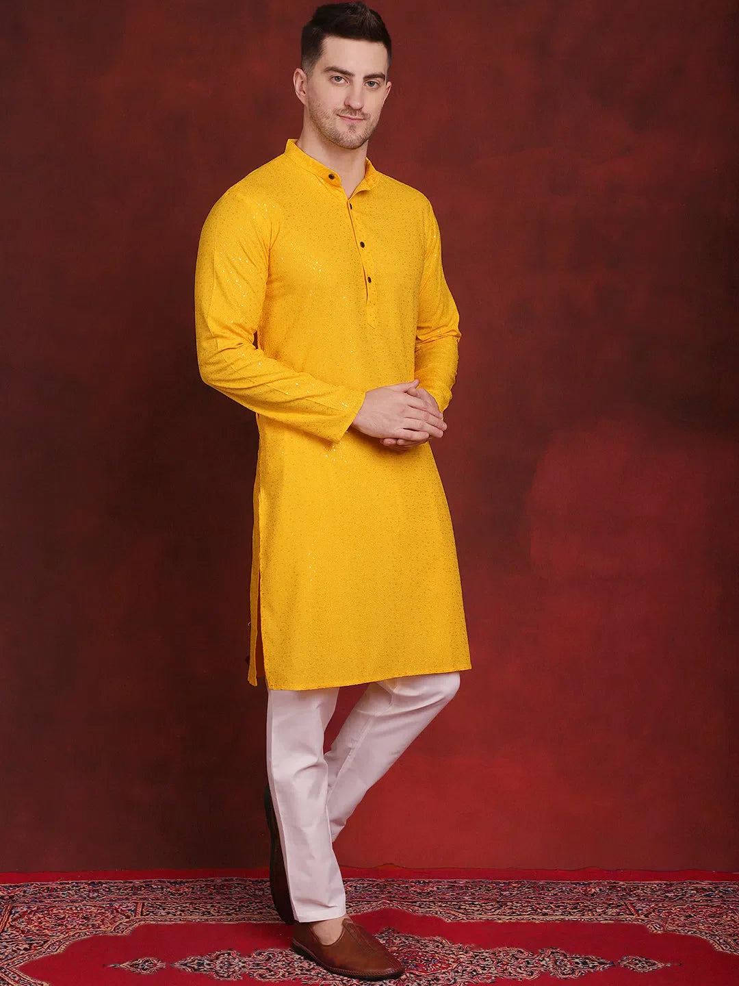 Yellow Chikankari Mens Kurta Pajama Set | Embroidered Kurta - Style 1
