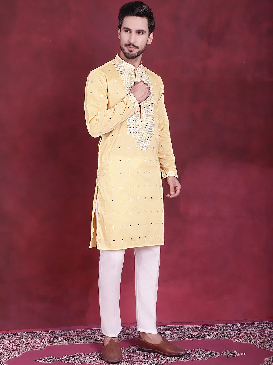 Yellow Embroidered Kurta Pajama Set for Men | Ethnic Motifs