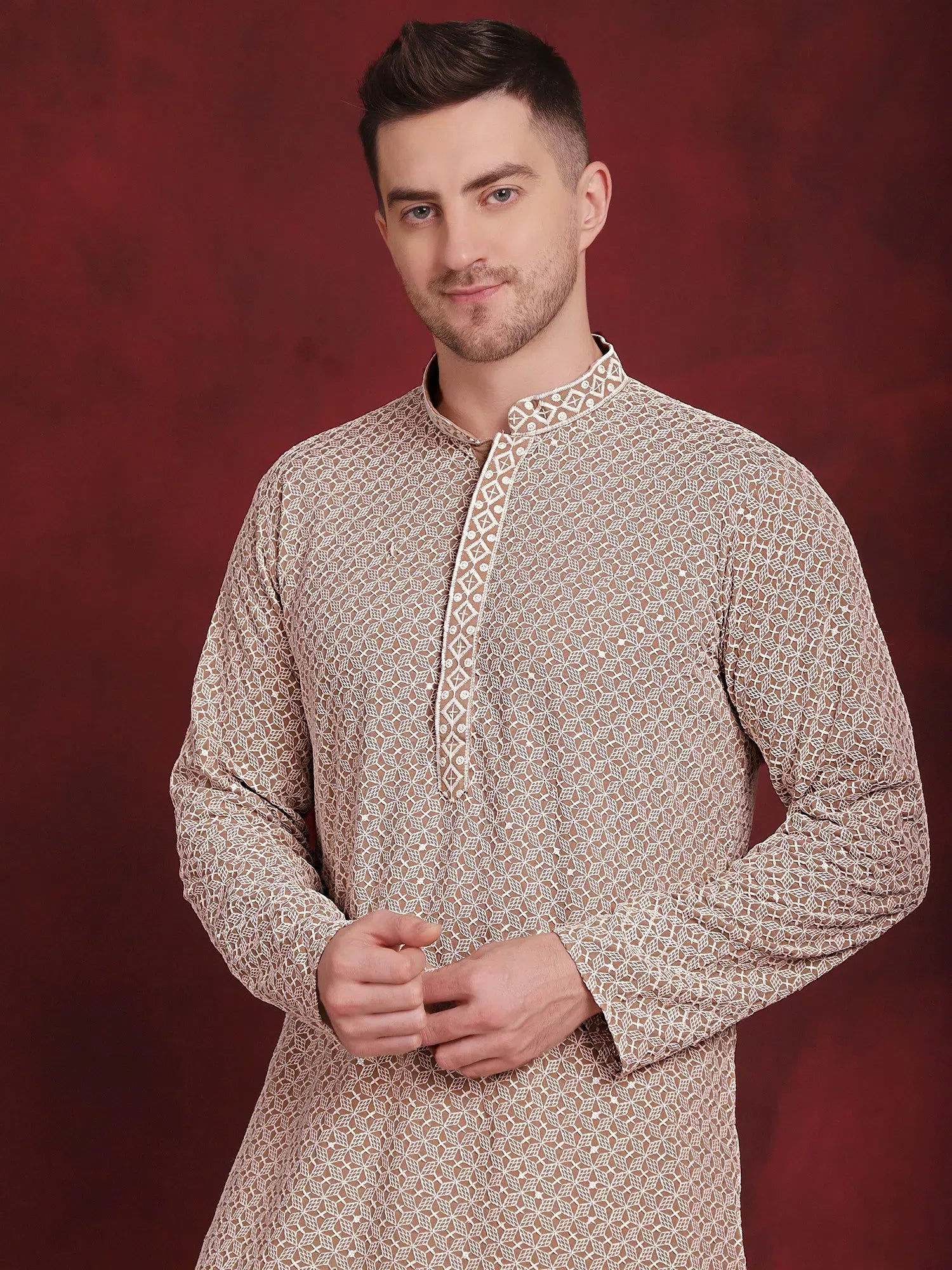 Beige Sequin Embroidered Mens Kurta Pajama Set | Ethnic Style