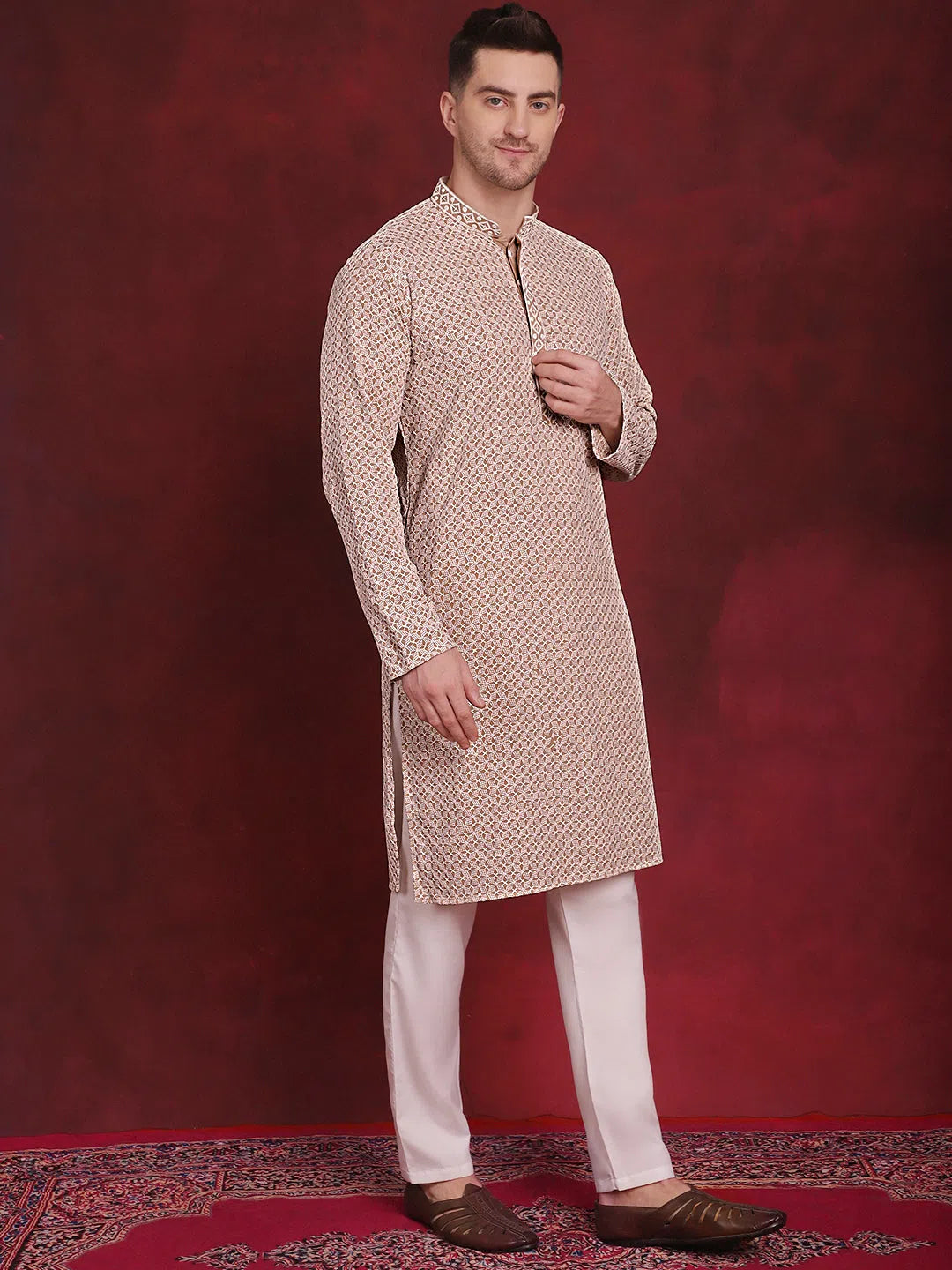 Beige Sequin Embroidered Mens Kurta Pajama Set | Ethnic Style