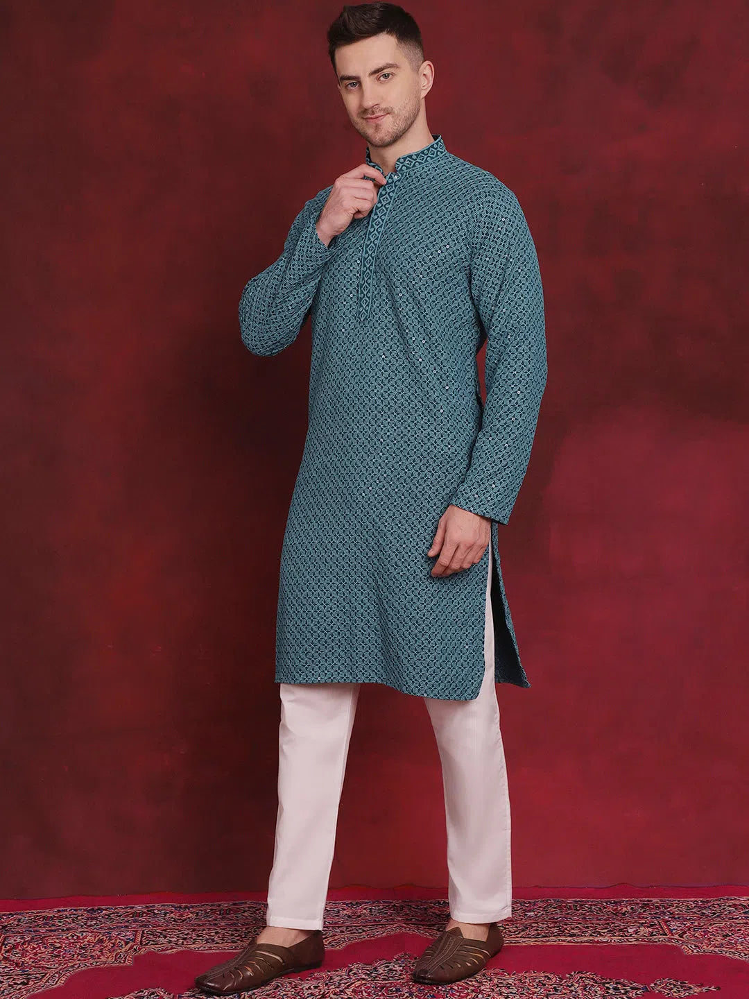 Blue Embroidered Kurta Pajama Set | Mens Kurta Pajama